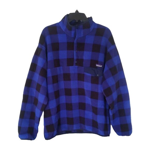 Patagonia Synchilla Blue Black Buffalo Plaid Mens Fleece T Snap Pullover Size L - Picture 1 of 7